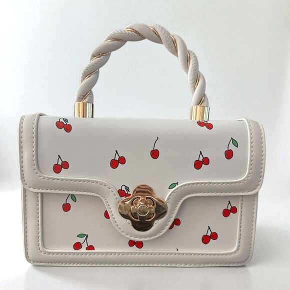 Cherry Print Top Handle Bag White Red Gold Twist Handle Floral Clasp Purse Retro - Picture 1 of 6